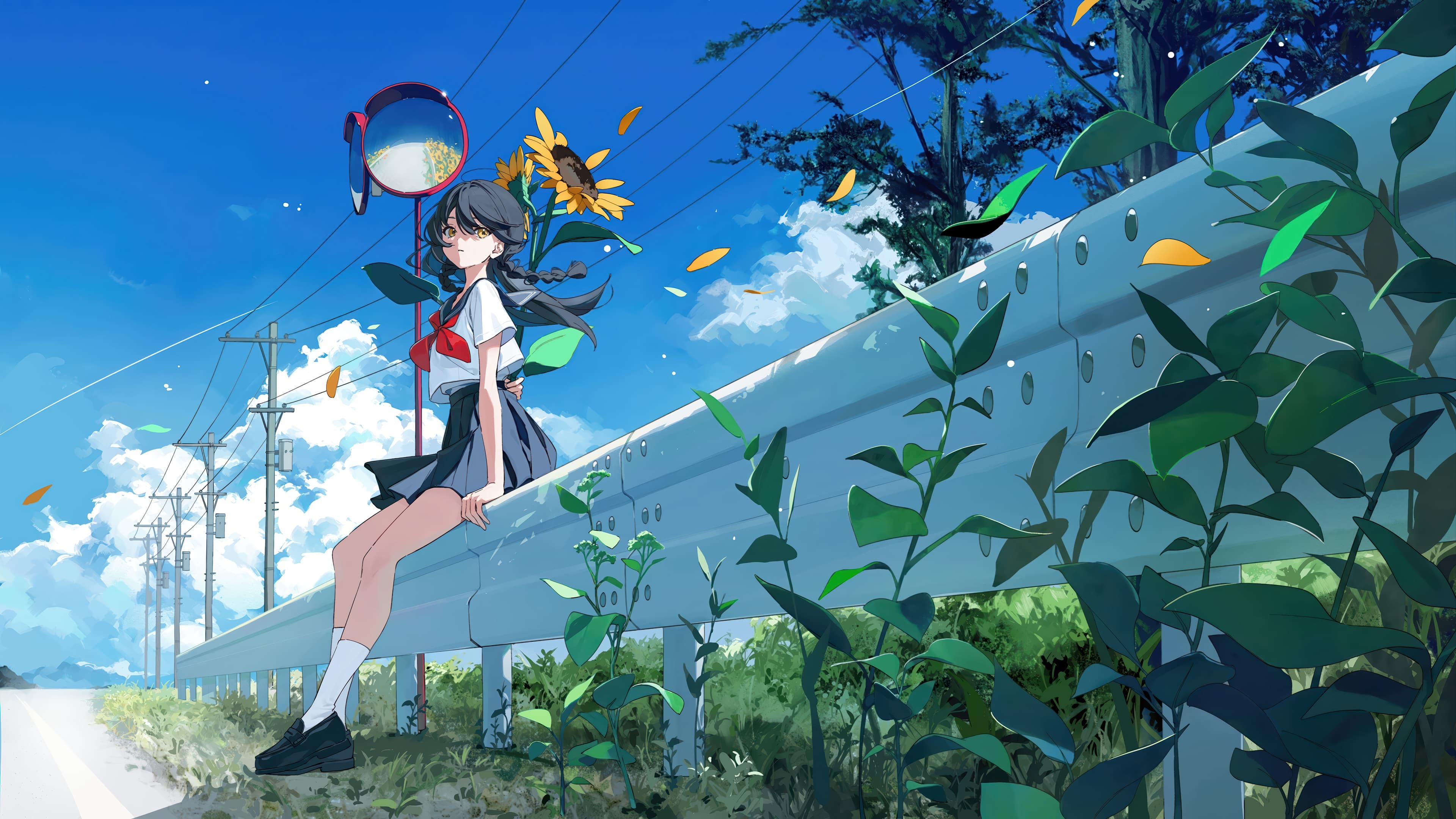 Anime Girl School Uniform Sunflower 4k