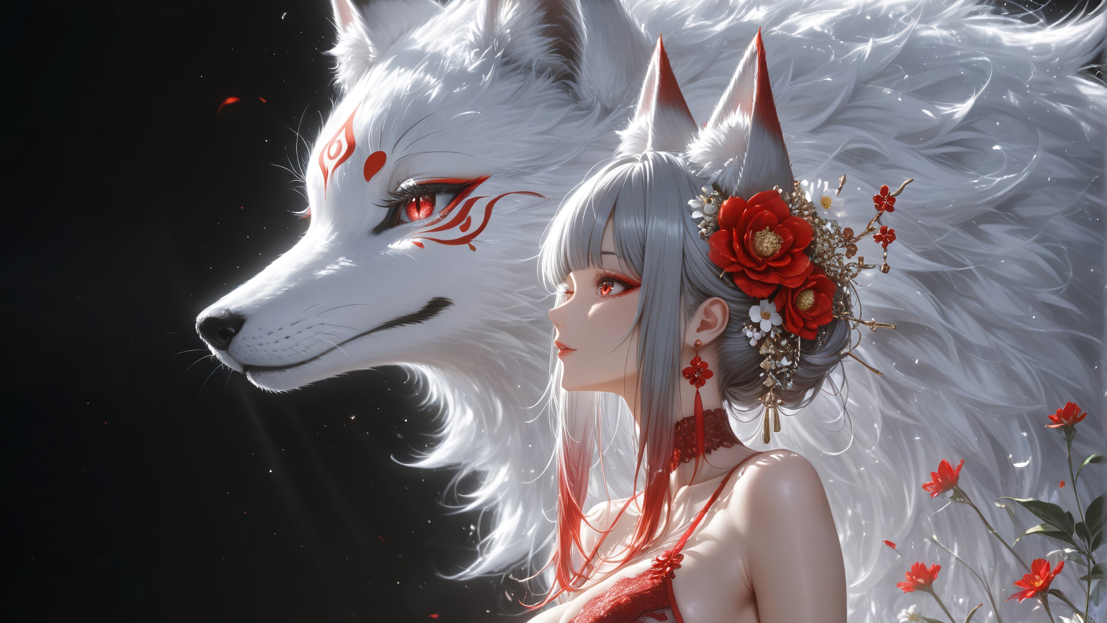 Anime Girl White Fox Fantasy 4k