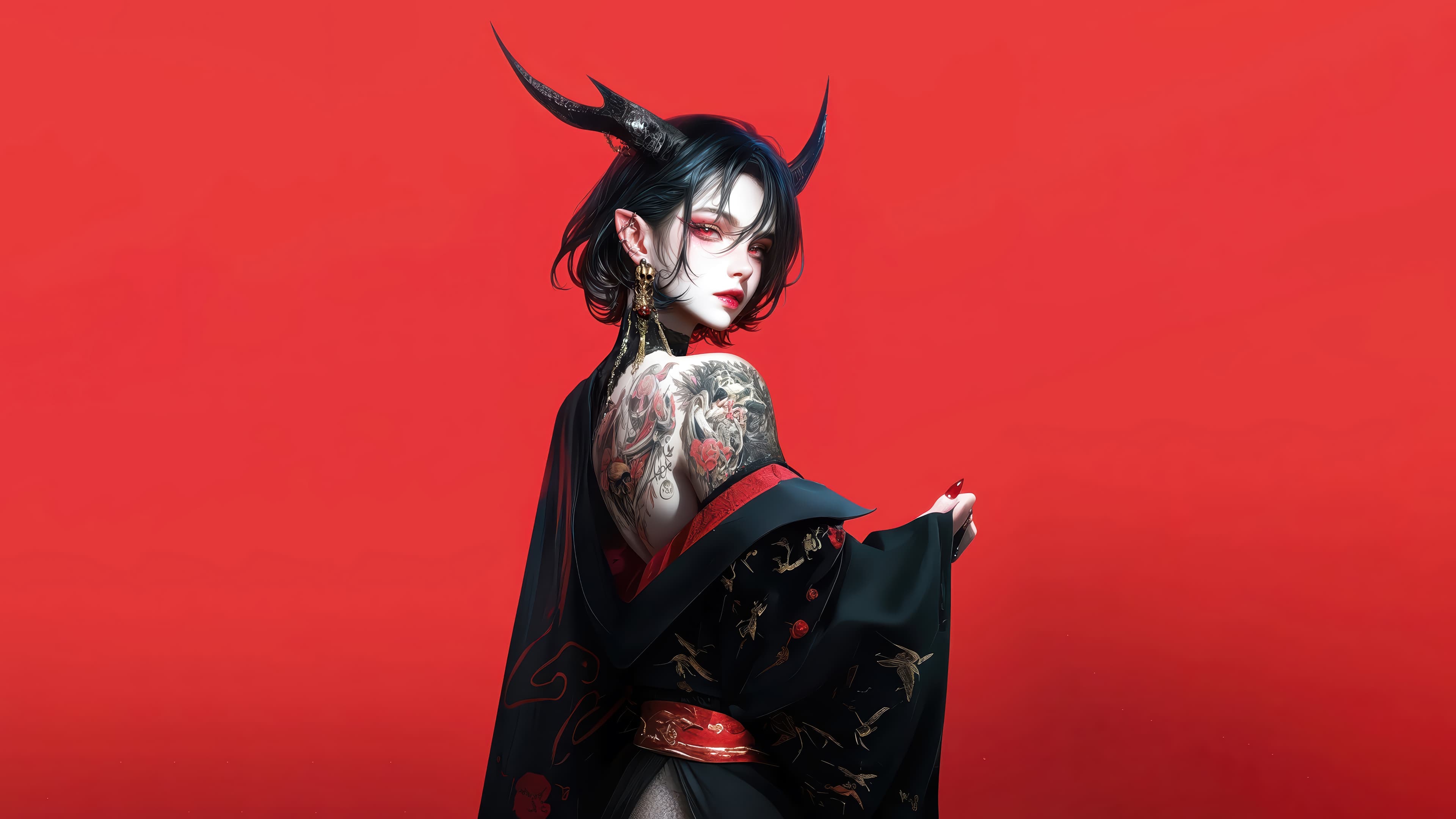 Anime Girl Horn Tattoo Kimono 4k