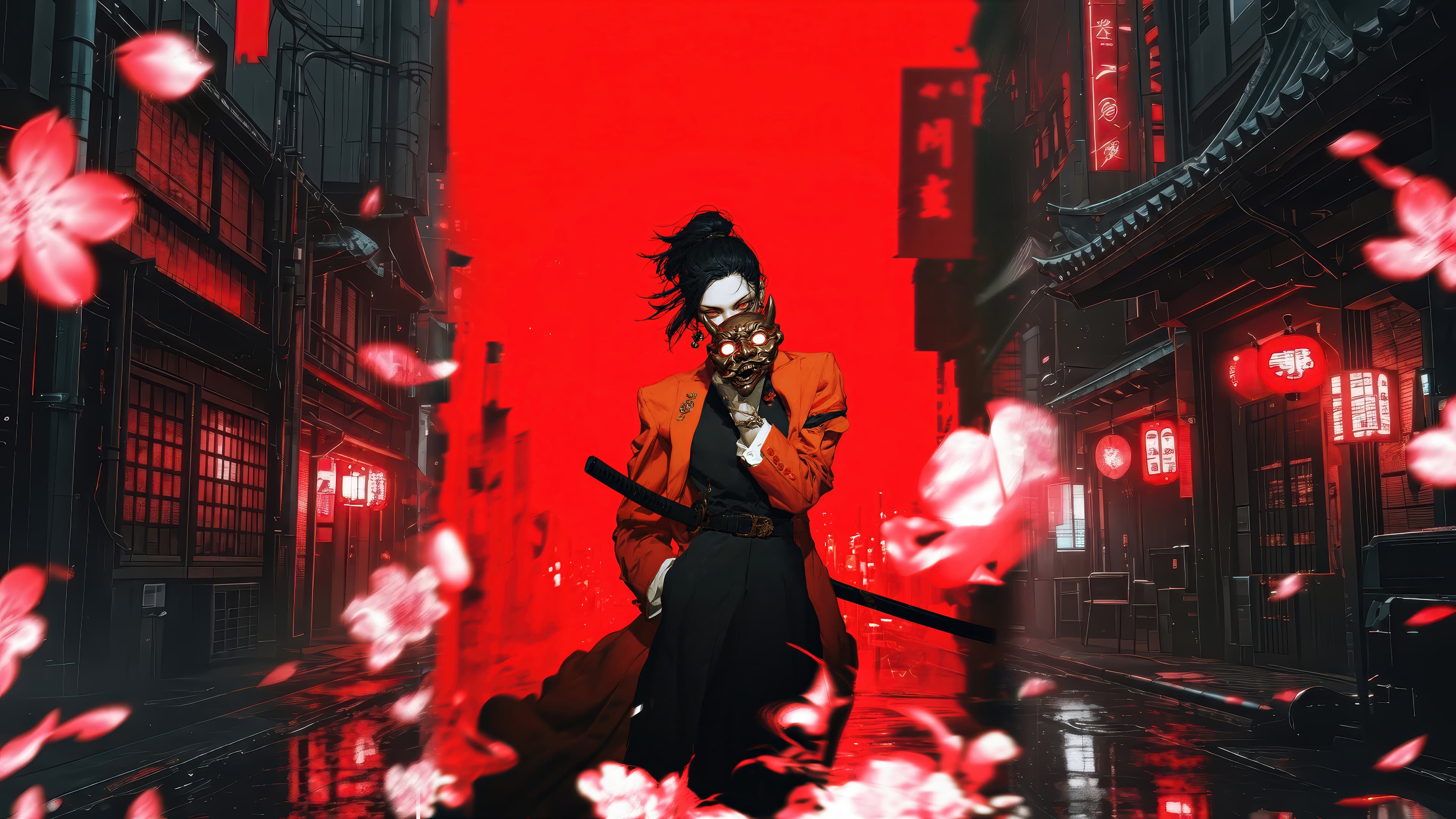 Anime Girl Oni Mask Cherry Blossom 4k