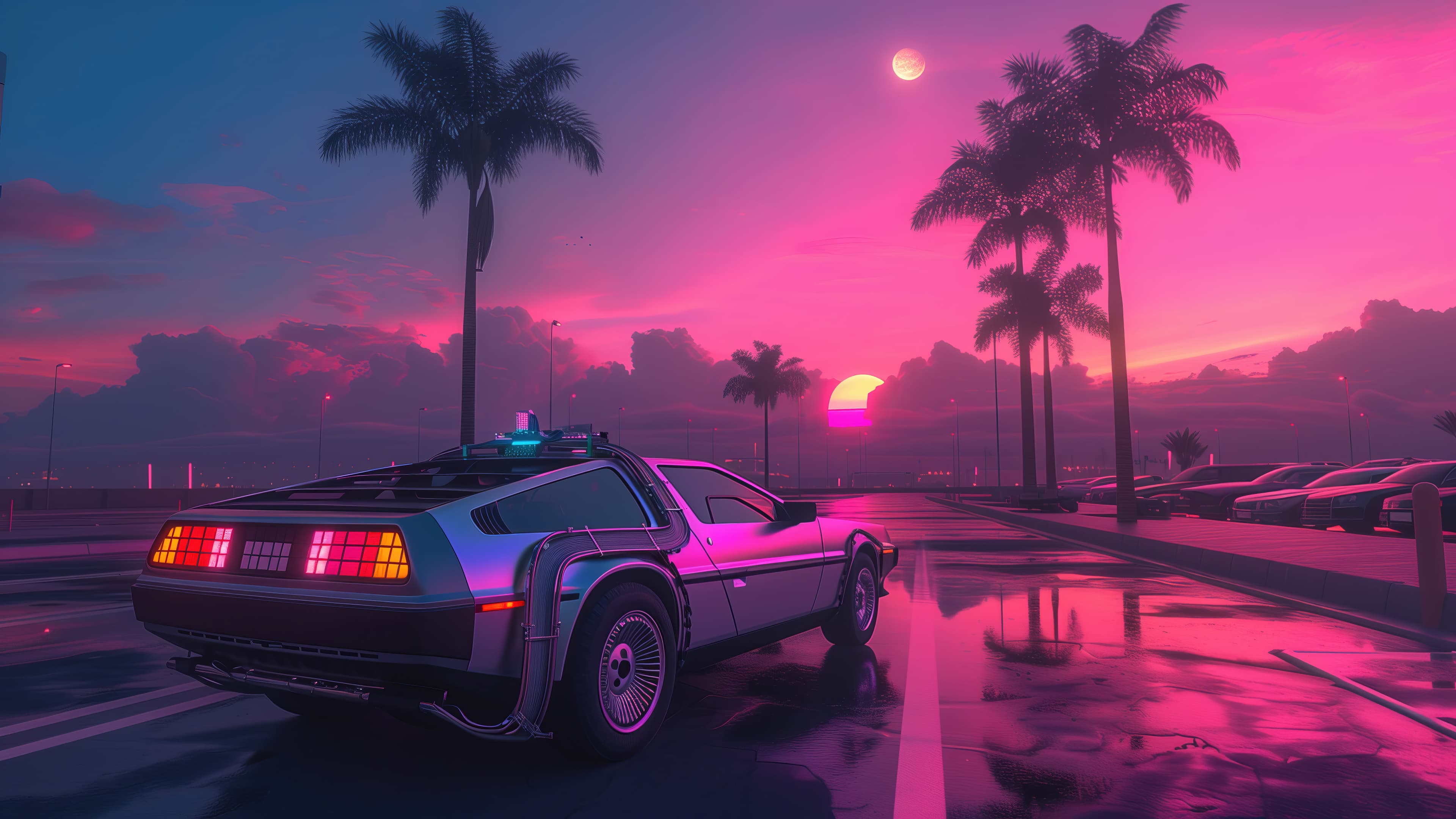 Sports Car Delorian Sunset Road Palm Trees Digital Art 4k Wallpaper