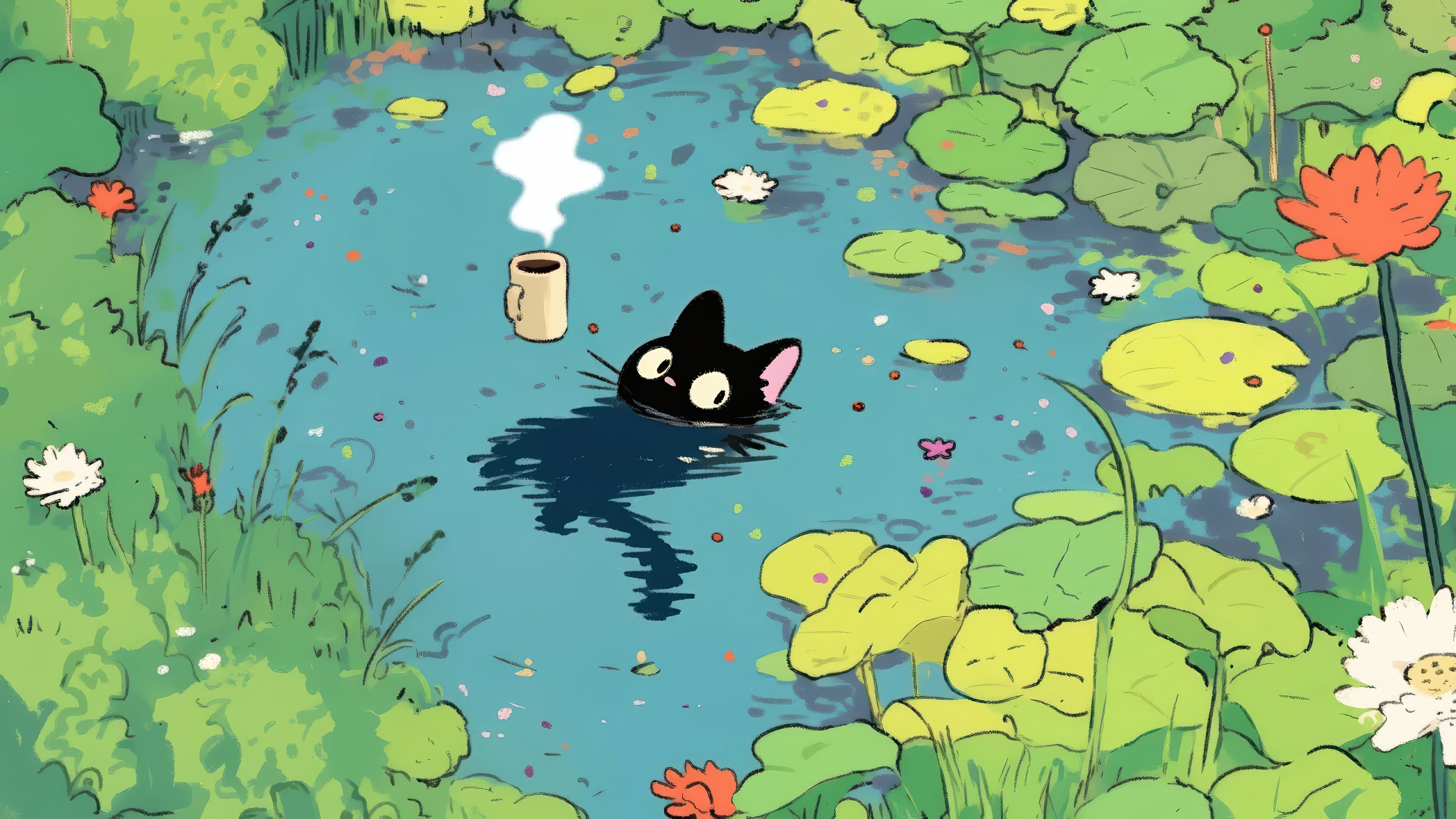 Cat Coffee Chill Pond 4k Wallpaper